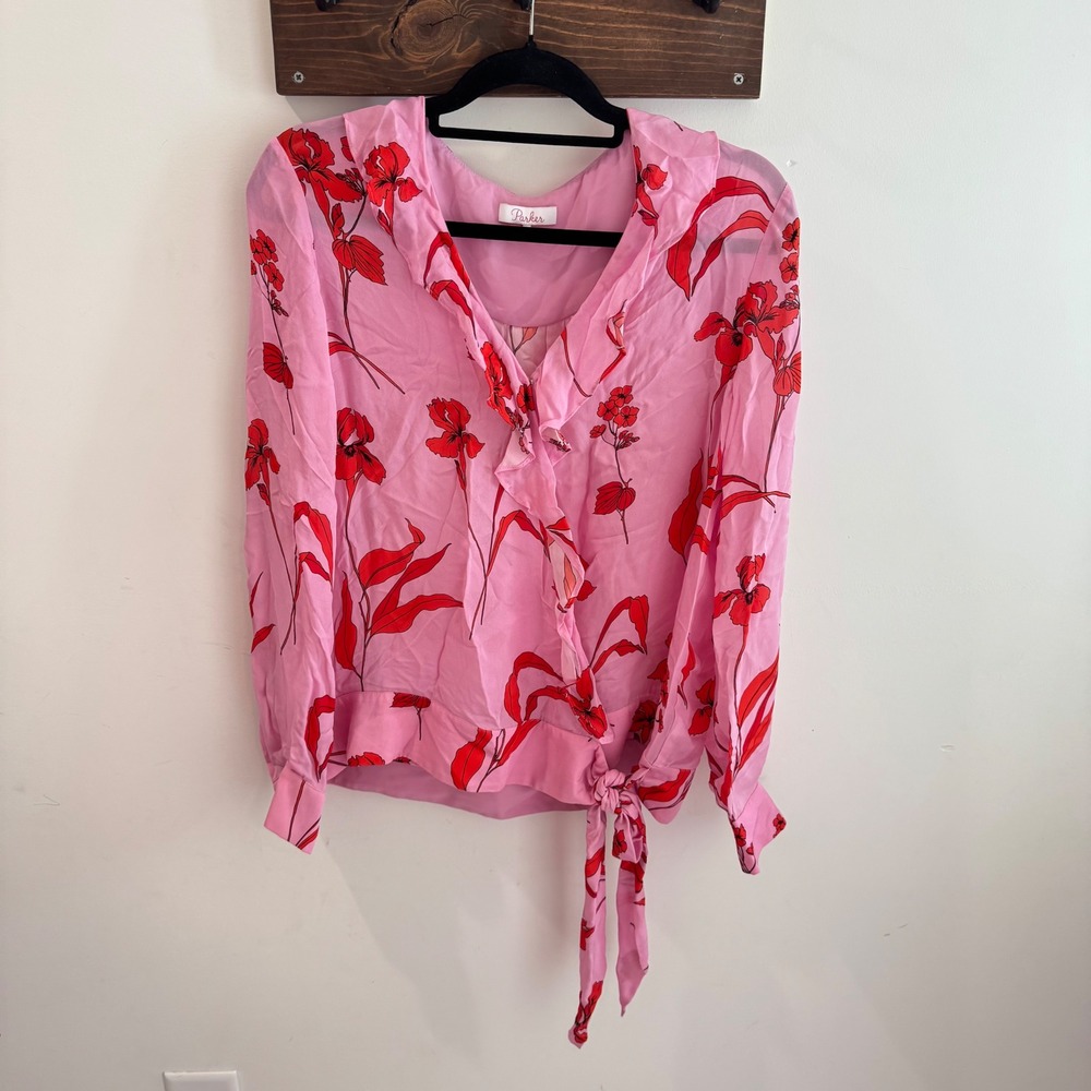 Parker Pink Red Floral Silk Blend Ruffle Wrap Blouse Side Tie XL P9D5267SBP